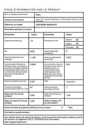 Lave-vaisselle Beko LVV1347W