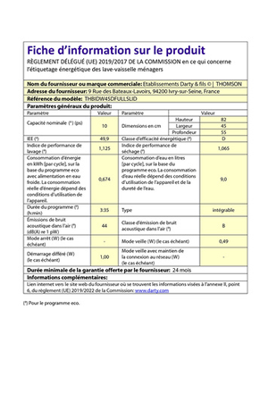 Lave-vaisselle Thomson THBIDW45DFULLSLID - ENCASTRABLE 45CM